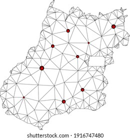 Mapa poligonal de bloqueo de malla del estado de Goias. Resumen de líneas de malla y cerraduras de mapa del estado de Goias. Red de línea poligonal 2D del marco de alambre de vectores en color negro con cerraduras rojas.