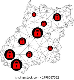 Polygonal mesh lockdown map of Goias State. Abstract mesh lines and locks form map of Goias State. Vector wire frame 2D polygonal line network in black color with red locks.