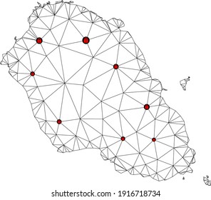 Polygonal mesh lockdown map of Graciosa Island. Abstract mesh lines and locks form map of Graciosa Island. Vector wire frame 2D polygonal line network in black color with red locks.