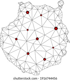 Polygonal mesh lockdown map of Gran Canaria. Abstract mesh lines and locks form map of Gran Canaria. Vector wire frame 2D polygonal line network in black color with red locks.