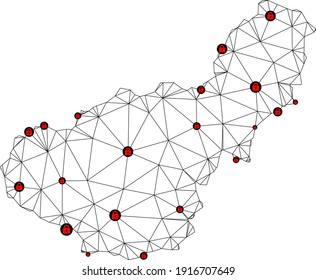 Polygonal mesh lockdown map of Granada Province. Abstract mesh lines and locks form map of Granada Province. Vector wire frame 2D polygonal line network in black color with red locks.