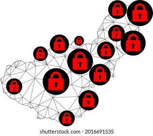 Polygonal mesh lockdown map of Granada Province. Abstract mesh lines and locks form map of Granada Province. Vector wire frame 2D polygonal line network in black color with red locks.