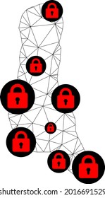 Polygonal mesh lockdown map of Grande Comore Island. Abstract mesh lines and locks form map of Grande Comore Island. Vector wire frame 2D polygonal line network in black color with red locks.