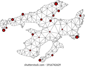 Polygonal mesh lockdown map of Great Bear Lake. Abstract mesh lines and locks form map of Great Bear Lake. Vector wire frame 2D polygonal line network in black color with red locks.