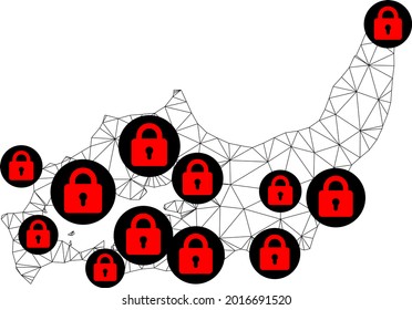 Polygonal mesh lockdown map of Great Inagua Island. Abstract mesh lines and locks form map of Great Inagua Island. Vector wire frame 2D polygonal line network in black color with red locks.