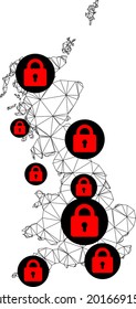 Polygonal mesh lockdown map of Great Britain. Abstract mesh lines and locks form map of Great Britain. Vector wire frame 2D polygonal line network in black color with red locks.