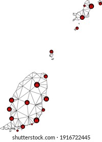Polygonal mesh lockdown map of Grenada Islands. Abstract mesh lines and locks form map of Grenada Islands. Vector wire frame 2D polygonal line network in black color with red locks.