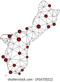 Polygonal mesh lockdown map of Guam Island. Abstract mesh lines and locks form map of Guam Island. Vector wire frame 2D polygonal line network in black color with red locks.