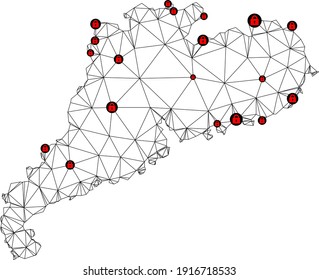 Polygonal mesh lockdown map of Guangdong Province. Abstract mesh lines and locks form map of Guangdong Province. Vector wire frame 2D polygonal line network in black color with red locks.