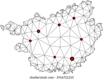 Polygonal mesh lockdown map of Guangxi Zhuang Region. Abstract mesh lines and locks form map of Guangxi Zhuang Region. Vector wire frame 2D polygonal line network in black color with red locks.
