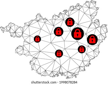 Polygonal mesh lockdown map of Guangxi Zhuang Region. Abstract mesh lines and locks form map of Guangxi Zhuang Region. Vector wire frame 2D polygonal line network in black color with red locks.