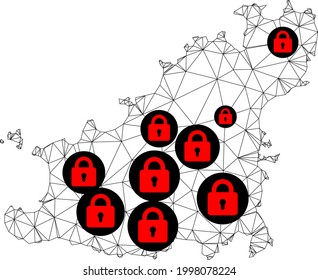 Mapa poligonal de bloqueo de malla de la isla de Guernsey. Resumen de líneas de malla y cerraduras de un mapa de la isla de Guernsey. Red de línea poligonal 2D del marco de alambre de vectores en color negro con cerraduras rojas.