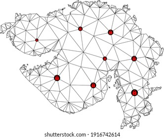 Mapa poligonal de bloqueo de malla del estado de Gujarat. Resumen de líneas de malla y cerraduras de un mapa del estado de Gujarat. Red de línea poligonal 2D del marco de alambre de vectores en color negro con cerraduras rojas.