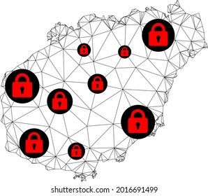 Mapa poligonal de bloqueo de malla de la isla de Hainan. Resumen de líneas de malla y cerraduras de mapa de la isla de Hainan. Red de línea poligonal 2D del marco de alambre de vectores en color negro con cerraduras rojas.