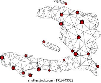 Mapa poligonal de bloqueo de malla de Haití. Resumen de líneas de malla y cerraduras de un mapa de Haití. Red de línea poligonal 2D del marco de alambre de vectores en color negro con cerraduras rojas. Modelo de marco con fines de cuarentena.