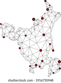 Polygonal mesh lockdown map of Haryana State. Abstract mesh lines and locks form map of Haryana State. Vector wire frame 2D polygonal line network in black color with red locks.