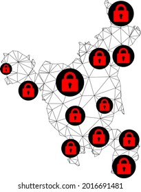Mapa poligonal de bloqueo de malla del estado de Haryana. Resumen de líneas de malla y bloqueos de un mapa del estado de Haryana. Red de línea poligonal 2D del marco de alambre de vectores en color negro con cerraduras rojas.
