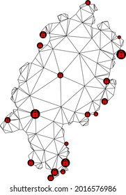 Polygonal mesh lockdown map of Hesse State. Abstract mesh lines and locks form map of Hesse State. Vector wire frame 2D polygonal line network in black color with red locks.