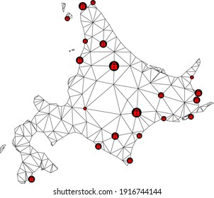 Polygonal mesh lockdown map of Hokkaido Island. Abstract mesh lines and locks form map of Hokkaido Island. Vector wire frame 2D polygonal line network in black color with red locks.