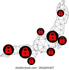 Polygonal mesh lockdown map of Honshu Island. Abstract mesh lines and locks form map of Honshu Island. Vector wire frame 2D polygonal line network in black color with red locks.