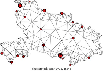 Mapa poligonal de bloqueo de malla en la provincia de Hubei. Resumen de líneas de malla y cerraduras de mapa de la provincia de Hubei. Red de línea poligonal 2D del marco de alambre de vectores en color negro con cerraduras rojas.