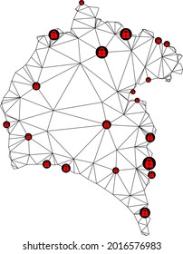 Polygonal mesh lockdown map of Huelva Province. Abstract mesh lines and locks form map of Huelva Province. Vector wire frame 2D polygonal line network in black color with red locks.