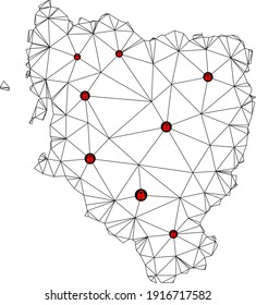 Polygonale Maschendrehkarte der Provinz Hueska. Abstrakte Maschenlinien und Schlösser bilden eine Karte der Provinz Hueska. Vektor-Draht Rahmen 2D polygonale Linie Netzwerk in schwarzer Farbe mit roten Schlössern.