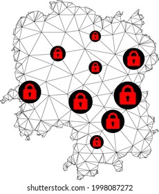 Mapa poligonal de bloqueo de malla en la provincia de Hunan. Resumen de líneas de malla y cerraduras de mapa de la provincia de Hunan. Red de línea poligonal 2D del marco de alambre de vectores en color negro con cerraduras rojas.