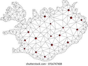 Polygonal mesh lockdown map of Iceland. Abstract mesh lines and locks form map of Iceland. Vector wire frame 2D polygonal line network in black color with red locks. Frame model for lockdown posters.