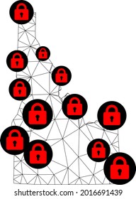 Polygonal mesh lockdown map of Idaho State. Abstract mesh lines and locks form map of Idaho State. Vector wire frame 2D polygonal line network in black color with red locks.