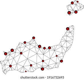 Polygonal mesh lockdown map of Inagua Islands. Abstract mesh lines and locks form map of Inagua Islands. Vector wire frame 2D polygonal line network in black color with red locks.