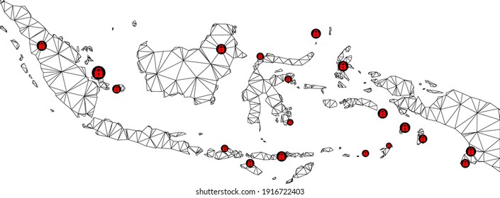 Mapa poligonal de bloqueo de malla en Indonesia. Resumen de líneas de malla y cerraduras de un mapa de Indonesia. Red de línea poligonal 2D del marco de alambre de vectores en color negro con cerraduras rojas.