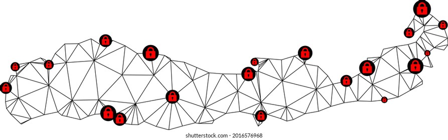 Polygonal mesh lockdown map of Indonesia - Flores Island. Abstract mesh lines and locks form map of Indonesia - Flores Island.