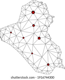 Polygonal mesh lockdown map of Iraq. Abstract mesh lines and locks form map of Iraq. Vector wire frame 2D polygonal line network in black color with red locks. Frame model for safety purposes.