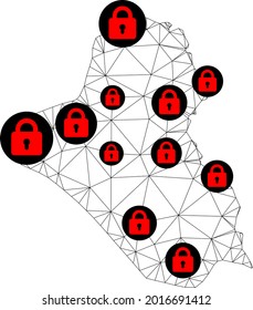 Polygonal mesh lockdown map of Iraq. Abstract mesh lines and locks form map of Iraq. Vector wire frame 2D polygonal line network in black color with red locks. Frame model for health care templates.