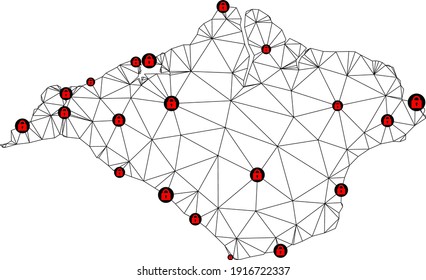 Polygonal mesh lockdown map of Isle of Wight. Abstract mesh lines and locks form map of Isle of Wight. Vector wire frame 2D polygonal line network in black color with red locks.