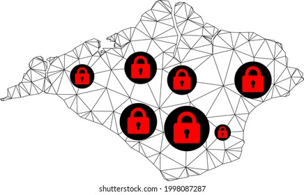 Polygonal mesh lockdown map of Isle of Wight. Abstract mesh lines and locks form map of Isle of Wight. Vector wire frame 2D polygonal line network in black color with red locks.