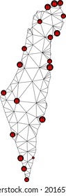 Polygonal mesh lockdown map of Israel. Abstract mesh lines and locks form map of Israel. Vector wire frame 2D polygonal line network in black color with red locks.