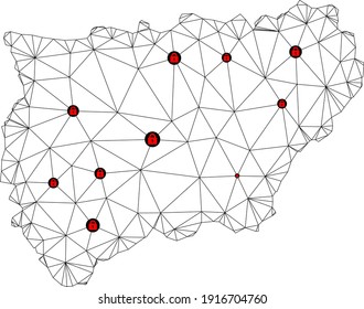 Polygonal mesh lockdown map of Jaen Spanish Province. Abstract mesh lines and locks form map of Jaen Spanish Province. Vector wire frame 2D polygonal line network in black color with red locks.