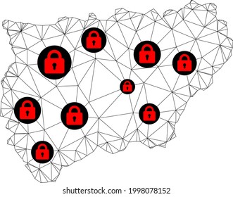 Polygonal mesh lockdown map of Jaen Spanish Province. Abstract mesh lines and locks form map of Jaen Spanish Province. Vector wire frame 2D polygonal line network in black color with red locks.