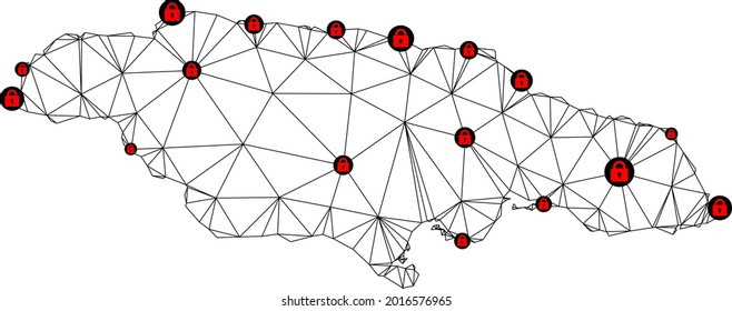 Polygonal mesh lockdown map of Jamaica. Abstract mesh lines and locks form map of Jamaica. Vector wire frame 2D polygonal line network in black color with red locks.