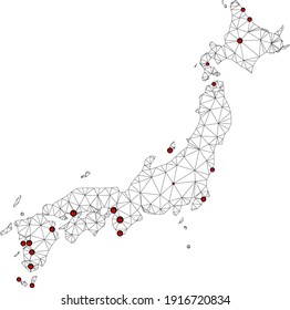 Polygonal mesh lockdown map of Japan. Abstract mesh lines and locks form map of Japan. Vector wire frame 2D polygonal line network in black color with red locks. Frame model for quarantine purposes.
