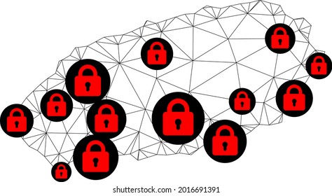 Polygonal mesh lockdown map of Jeju Island. Abstract mesh lines and locks form map of Jeju Island. Vector wire frame 2D polygonal line network in black color with red locks.