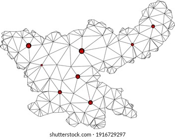 Polygonal mesh lockdown map of Jharkhand State. Abstract mesh lines and locks form map of Jharkhand State. Vector wire frame 2D polygonal line network in black color with red locks.