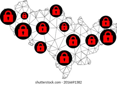 Polygonal mesh lockdown map of Jilin Province. Abstract mesh lines and locks form map of Jilin Province. Vector wire frame 2D polygonal line network in black color with red locks.