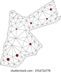 Mapa poligonal de bloqueo de malla de Jordania. Resumen de líneas de malla y cerraduras de un mapa de Jordania. Red de línea poligonal 2D del marco de alambre de vectores en color negro con cerraduras rojas. Modelo de marco para fines médicos.