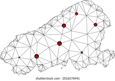 Polygonal mesh lockdown map of Kahoolawe Island. Abstract mesh lines and locks form map of Kahoolawe Island. Vector wire frame 2D polygonal line network in black color with red locks.