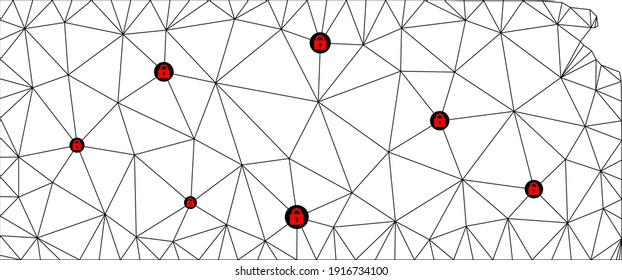 Mapa poligonal de bloqueo de malla del estado de Kansas. Resumen de líneas de malla y bloqueos forman un mapa del estado de Kansas. Red de línea poligonal 2D del marco de alambre de vectores en color negro con cerraduras rojas.