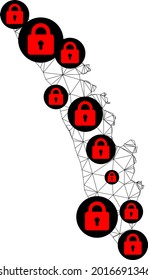 Polygonal mesh lockdown map of Kerala State. Abstract mesh lines and locks form map of Kerala State. Vector wire frame 2D polygonal line network in black color with red locks.