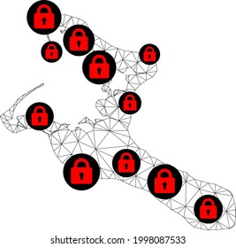 Mapa poligonal de bloqueo de malla en la isla de Kiribati. Resumen de líneas de malla y cerraduras de mapa de la isla de Kiribati. Red de línea poligonal 2D del marco de alambre de vectores en color negro con cerraduras rojas.